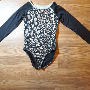 Justice Black and Gold Leopard Print Long Sleeve Leotard